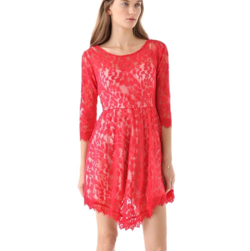 Free People floral mesh lace mini dress slip dress half sleeve hot red 0